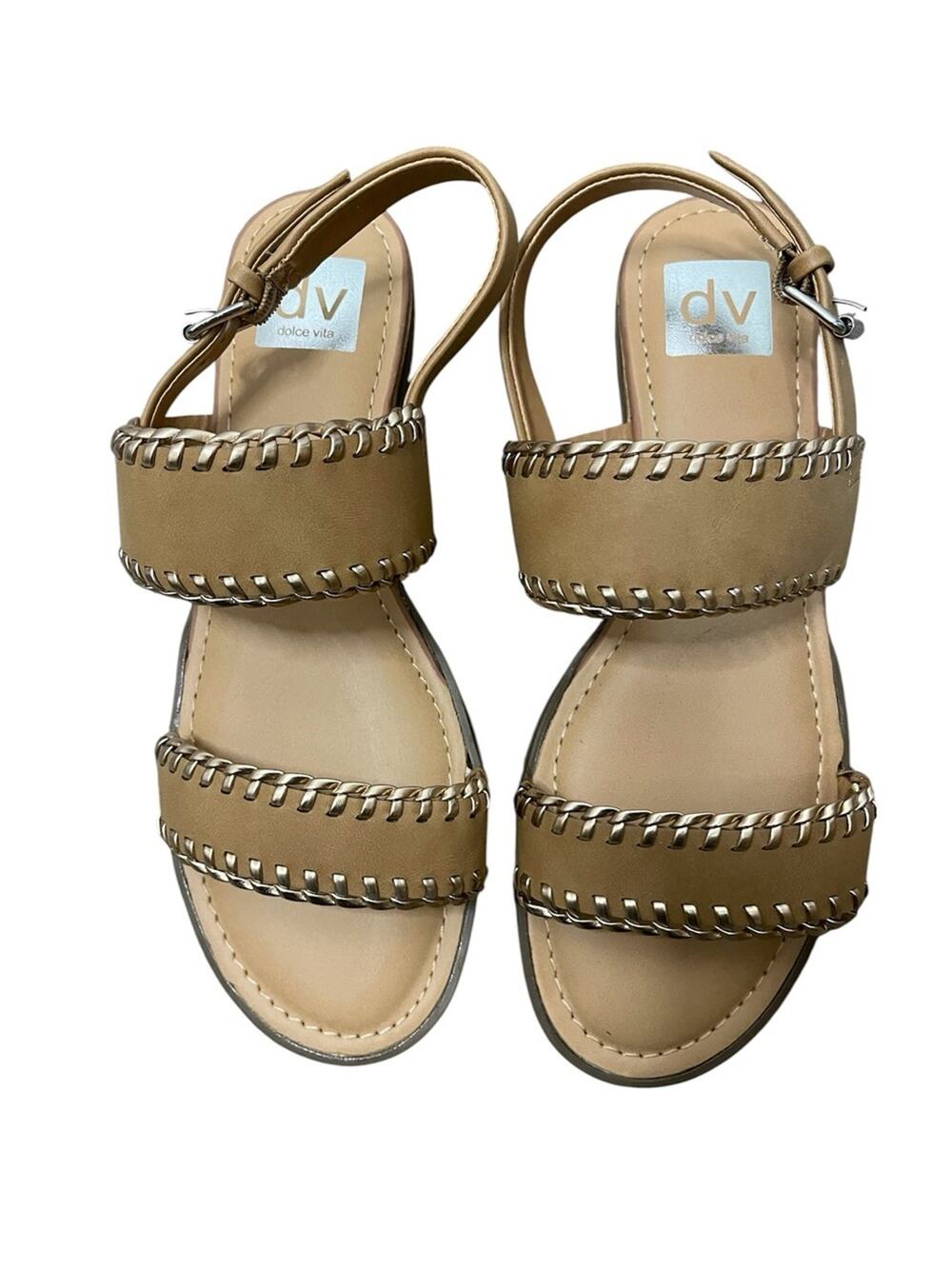 Dolce Vita Tan and Gold Flat Faux Leather Flint Sandal Size 8.5